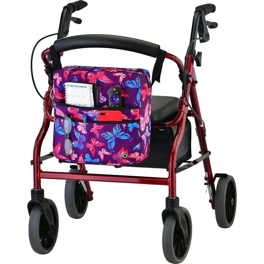 Red rollator with seat and hand brakes