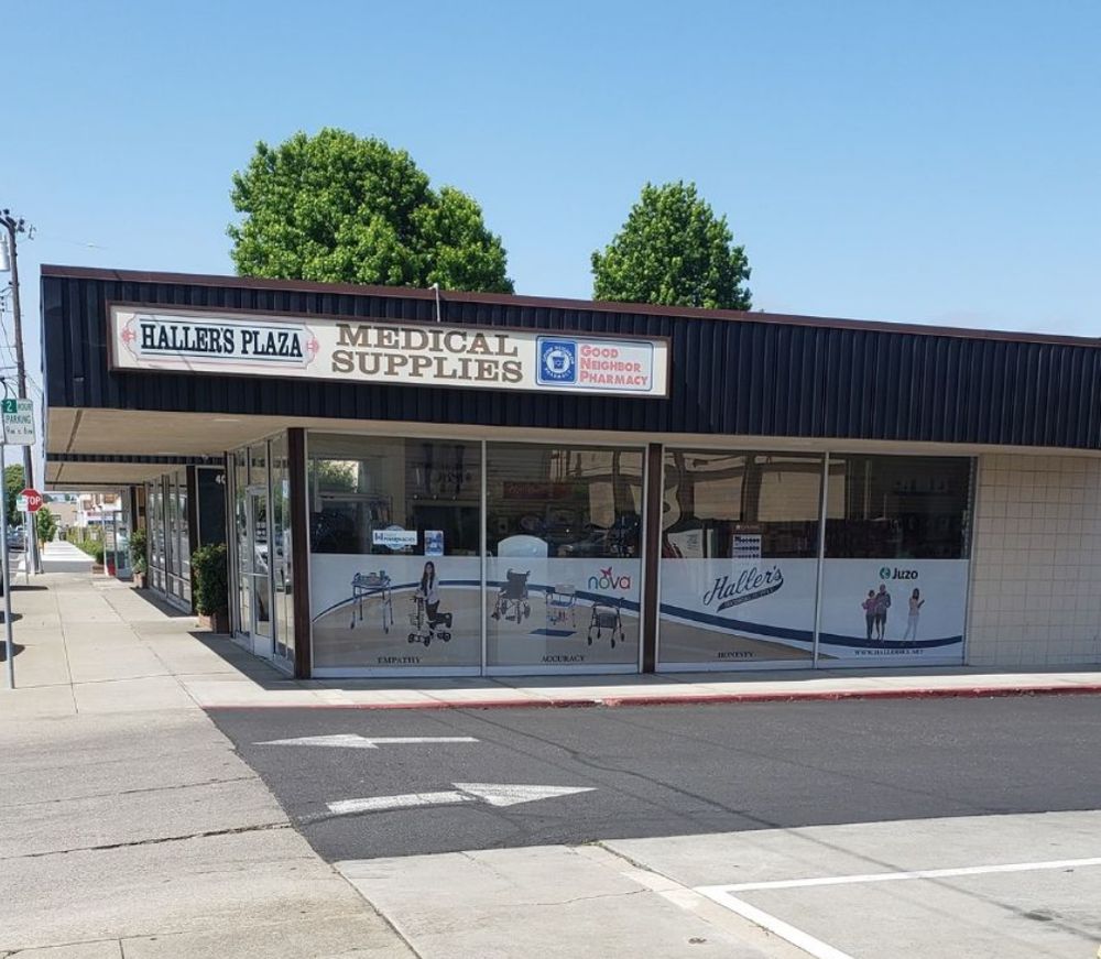 The Haller’s Medical Supplies storefront in Haller’s Plaza on Peralta Blvd, Fremont